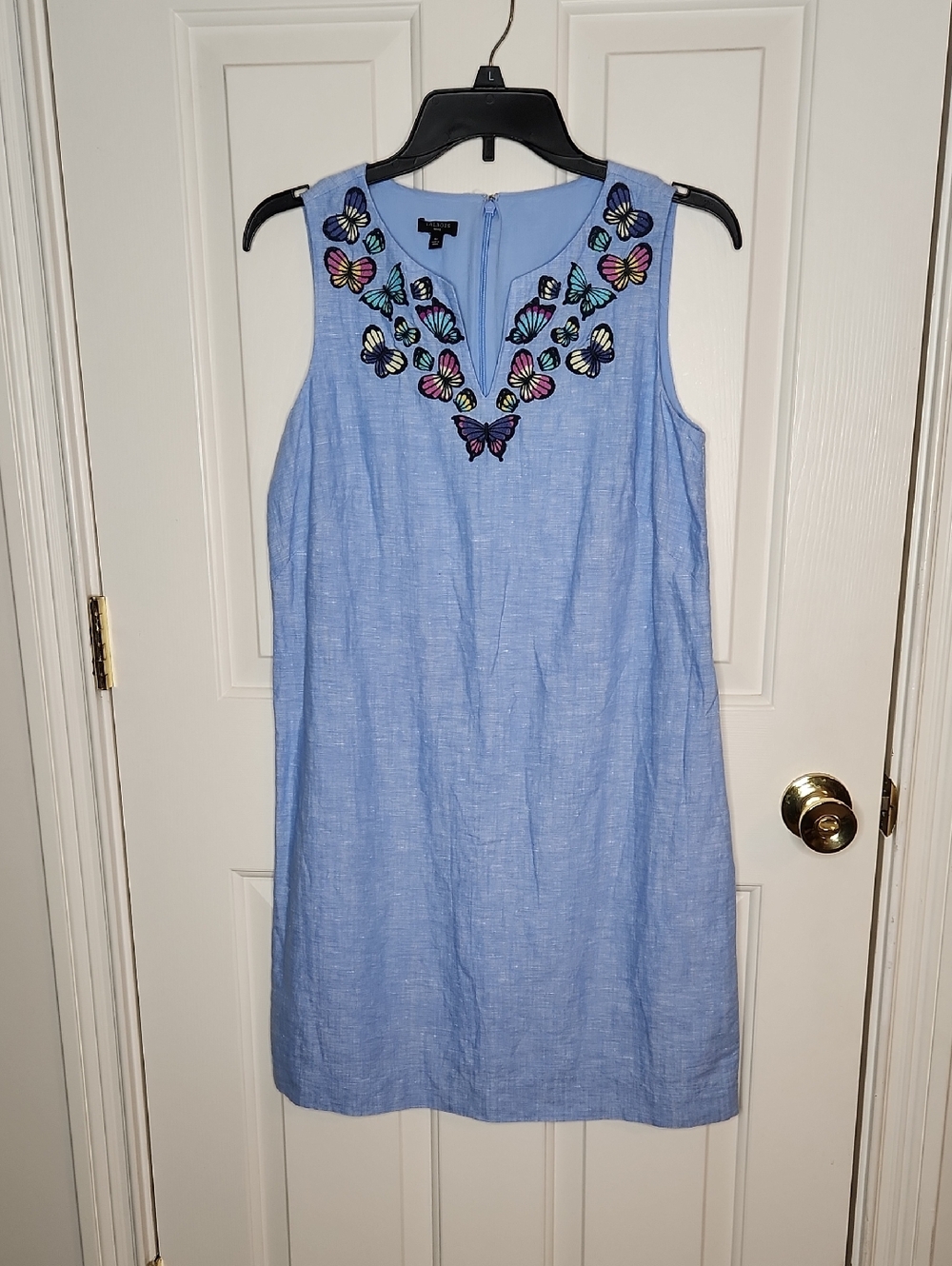 Talbots Linen Embroidered Butterfly Shift dress Chambray Size 6P NWOT